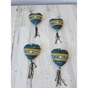 Vintage beaded heart ornament glitter blue Xmas Valentine tree‎ set